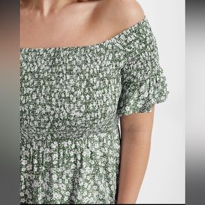 Plus Size Green Ditsy Floral Elastic Waist Shirred Split Dress